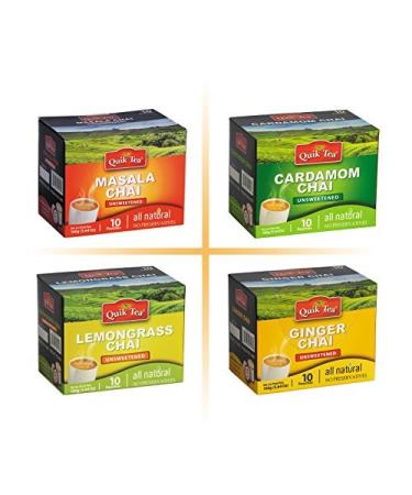 QuikTea 4 Flavors Unsweetened Variety Pack, Cardamom/Masala/Ginger/Lemongrass, 40 Oz