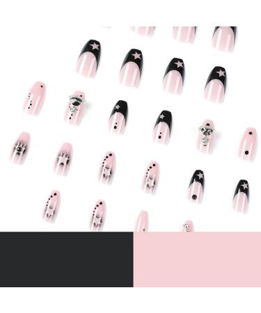 Hkanlre Square Black Rhinestone Press on Nails - 24PCS | Full Cover False Nails for Women and Girls - Buy Online on GoSupps.com