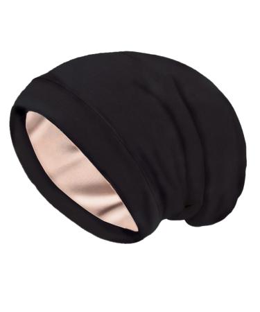 Sustainably Silk Sleep Cap - Made with 100% Vegan Bamboo Silk Lining - Perfect for Curly/Frizzy Hair Black and Rose One Size