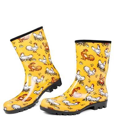 DKSUKO Waterproof Womens Rain Boots insulated,Lightweight Rubber fashion Wellies in Gardening,Warm and Comfortable Wide Calf Rain Boots with Glossy in Outdoor 8 Yellow Chicken
