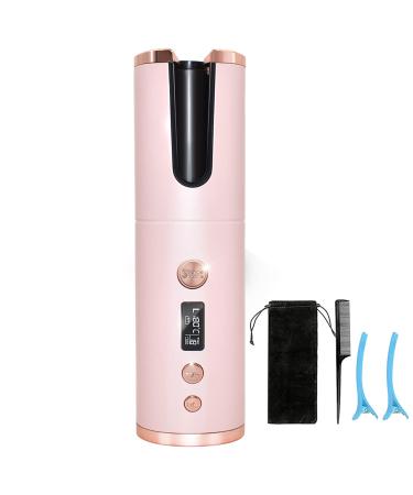 Cordless Automatic Curling Iron Auto Curling Iron with LCD Display Adjustable Temperature & Timer Portable Ceramic Hair Curler USB Charging and Rechargeable (Pink)