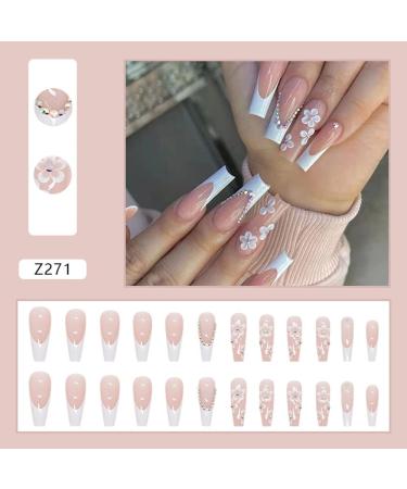 Super Long French Fake Nails with White Flowers Rhinestones - 24PCS - Buy Online on GoSupps.com