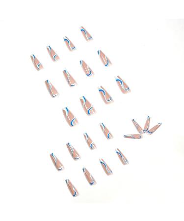 Blue Swirls Coffin Fake Nails - Glossy Acrylic Long Press on Nails for Women - Buy Online on GoSupps.com