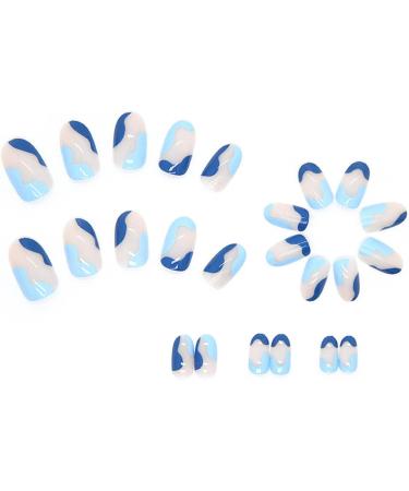 24Pcs Short French Almond False Nails - Blue Wave Press On Acrylic Full Cover Stick On Nails for Women - Oval Glossy Fake Nails with Glue Stickers - DIY Manicure - Buy Online on GoSupps.com