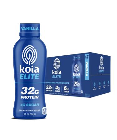 Koia Elite Plant Based Protein Shake, Vanilla, 32g Protein, 4g Sugar, 6g Prebiotic Fiber, Pre & Post Workout Nutritional Drink, No Seed Oils, Dairy-Free, Gluten-Free, Non-GMO, 12 Fl Oz (Pack of 12)