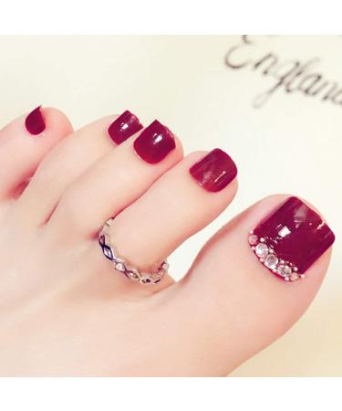 Sethexy 24 PCs 3d bling Red False toes False toe Wedding Place Short Full Cover Fake Tinged Nails Art for Women and Girls