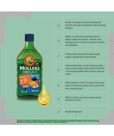 Moller s | Omega 3 for kids Cod Liver Oil | Nordic Omega-3 Dietary Supplements with EPA DHA Vitamin A D & E | Pure Natural cod Liver Oil Liquid | 166-year-old-brand | Tutti Frutti Taste | 500 ml Tutti Frutti 500 ml (Pack of 1) - Buy Online on GoSupps.com