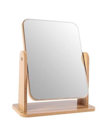LOTIKO Natural Wooden Vanity Makeup Mirror 7 Inch Single Sided 360 Degree Swivel Mirror Portable Removable Countertop Private Room High-Definition Desk Mirror(Square) Large