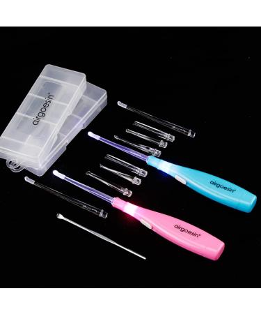 Airgoesin 2 Lighted Tonsil Stone Remove Tool 10 Tips Tonsillolith Pick + Case Oral Clean Longer Attachment Blue-pink