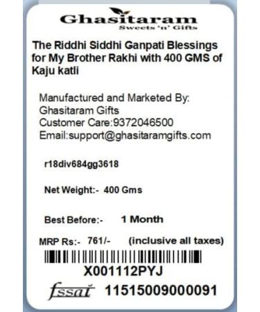 Ghasitaram Gifts Rakhi for Brother Rakhis Online - The Riddhi Siddhi Ganpati Blessings for My Brother Rakhi with 400 GMS of Kaju katli - Buy Online on GoSupps.com