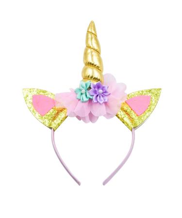 Unicorn Headband Gold Horn for Unicorn Party Supplies Flowers Cat Ear Head Bands