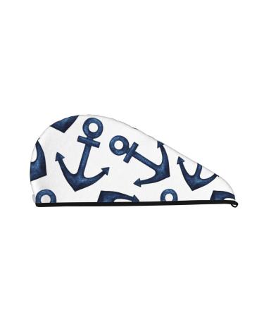Hair Towel Wrap Hair Drying Towel with Button Towel Turban Head Towel to Dry Hair Quickly (Navy Blue Anchor)