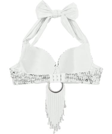 ACSUSS Women Belly Dance Costume Halter Bra Top with Rhinestone Tassel Sequins - White - Buy Online on GoSupps.com