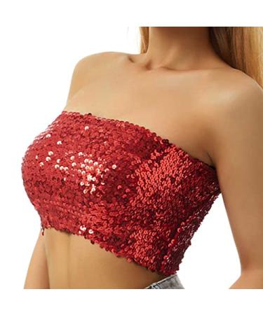 REETAN Sequins Halter Bra Tops Elastic Crop Top Party Belly Dance Tops Fashion Rave Bra Costume for Women and Girls C-red