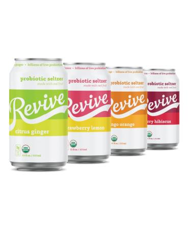Revive Organic Sparkling Probiotic Seltzer Classic Variety 12-Pack | Billions Live Probiotics, Low-Calorie, 5g Organic Cane Sugar, Vegan & Gluten Free | Supports Gut Health and Immune System Classic Variety Pack