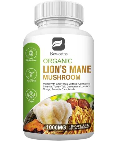 B BEWORTHS Lion's Mane Mushroom Supplement - 120 Capsules | Organic Complex with Cordyceps, Chaga, Reishi for Mental Clarity, Focus, Memory, and Immune Boost - Buy Online on GoSupps.com