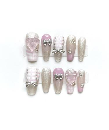 Handmade Wearing Armor Detachable Pink Heart Sparkling Cat Eyes Repeated Use of False Nails(Purple S)