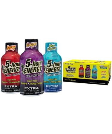 5-Hour Energy Extra Strength Shots Variety Pack 30 Count (1.93 fl oz) - Berry Grape Blue Raspberry