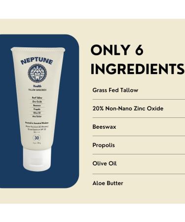 Neptune Non-Toxic Sunscreen - Grass Fed Beef Tallow Zinc Oxide Mineral Based Sunscreen with Propolis for Skin Healing and Moisturization - Buy Online on GoSupps.com