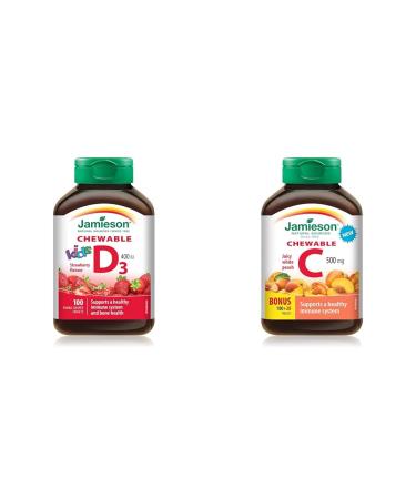 Jamieson Vitamin D 400IU Kids Chewable 100 Tablets and Vitamin C 500mg Chewable (White Juicy Peach Flavour) 120 Count