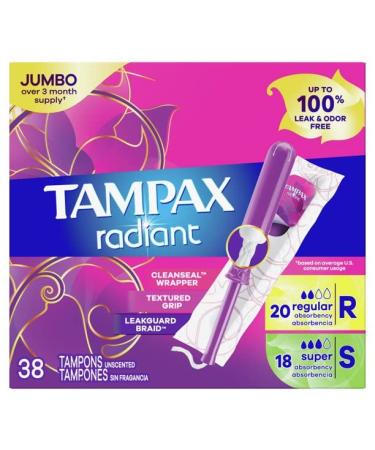 Tampax Radiant Tampons 38 Duo 2.7X 3/4/ 38ct Pink and Blue