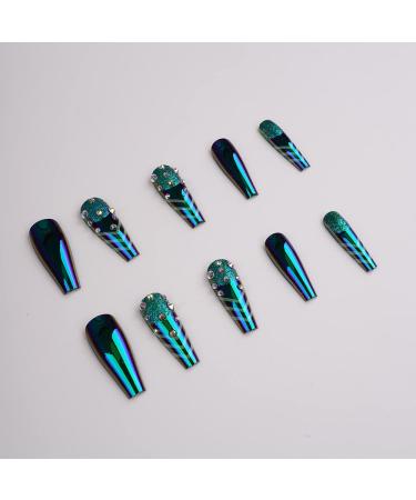 Xerling Glossy Green Press-On Fake Nails with Rhinestones - Long Coffin Full Cover Tips (24 Pcs Pattern G) | International Shipping Available - Buy Online on GoSupps.com