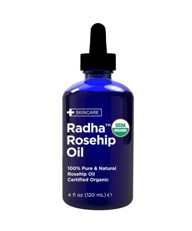 Radha Beauty USDA Certified Organic Rosehip Seed Oil, 100% Pure Cold Pressed - Great Carrier Oil for Moisturizing Face, Hair, Skin, & Nails - 4 fl oz