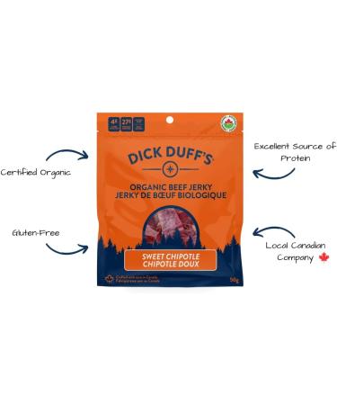 Dick Duff's Organic Jerky - Made in Canada Beef Jerky - 27g of Protein per Serving - Certified Organic Non-GMO Nitrate Free Keto Friendly Gluten Free Sweet Chipotle 50 g (Pack of 3) - Buy Online on GoSupps.com