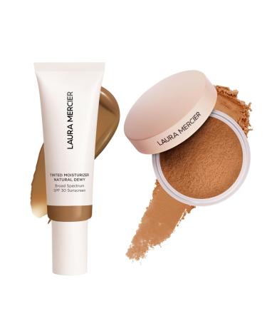 Laura Mercier Tinted Moisturizer Natural Dewy with SPF 30 24HR+ Hydration Shade 5N Clay and Translucent Loose Talc-Free Setting Powder Ultra-Blur: Hyaluronic Acid Infused Shade Medium Deep Bundle