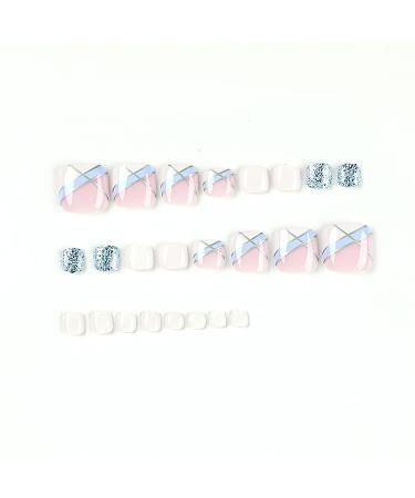 Blue White Glitter French Tip Square False Toenails - Full Cover Short Acrylic Toe Nails for Women - Buy Online on GoSupps.com