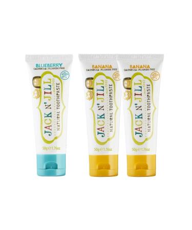 Jack N' Jill Kids Natural Toothpaste Fluoride Free Toothpaste Helps Soothe Gums and Fight Tooth Decay Toothpaste for Baby Toddler and Children 6 Months Plus 2 x Banana 50g 1 x Blueberry 50g Banana and Blueberry 50 g (Pack of 3)