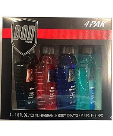 Bod Body Spray for Men -- Gift Set of 4 Bod Man Body Sprays (Black, Really Ripped Abs, Most Wanted, Fresh Blue Musk) 1.8 Fl Oz (Pack of 4)
