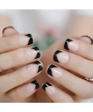 Press on Nails - Press On Nails - Shimmer Golden Glitter V Black French False Nails | UV Gel Finish Short Squoval Reusable Fake Nails in 10 Sizes - 24 Nail Kit with Jelly Glue Pad L5015
