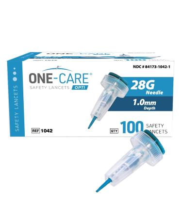 ONE-CARE OPTI Safety Lancets Top Button Activated 28G x 1.0mm MiniFlow Gentle 100/bx