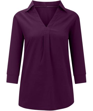 Yck-SAiWed Women's Elegant V Neck 3/4 Sleeve Blouse - Purple, Large | Casual Work Office Solid Color Tunic Top - Buy Online on GoSupps.com