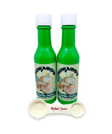 Two 5 oz Bottles of Howards Garlic Juice with 1 WYKED YUMMY 4-in-1 Plastic Measuring Spoon Bundle