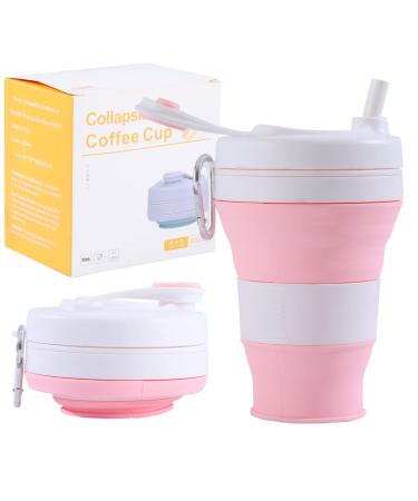 YEEWORIG 600 ml Collapsible Travel Cup with Lid & Straw 20.3 oz Foldable Coffee Mug Leak-Proof Portable Camping Cup/Silicone Water Bottle for Hot & Cold Drinks (Pink)