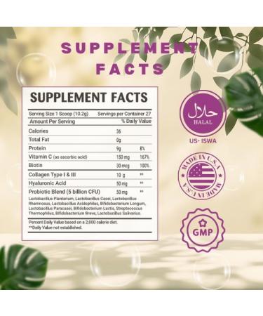 Greenfield Nutritions Halal Collagen Peptides Powder - 9g Halal Protein Probiotic Biotin Hyaluronic Acid & Vitamin C - 270g Halal Collagen for Women & Men - Supports Hair Skin Nails Joints & Gut - Buy Online on GoSupps.com