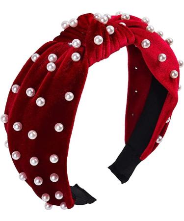 Marsrut Pretty Pearl Headbands  Cute Knotted Velvet Hair Head Bands  Fashion Trendy Accessories for Girls Women (Red)