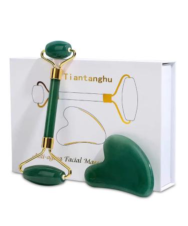 Tiantanghu Natural Green Aventurine Roller and 3D Heart Shape Guasha Massager for Face Neck and Eyes Facial Skin Care Tools Body Muscle Relaxing