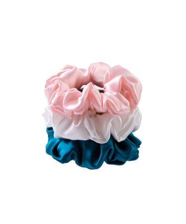 Qidkeo Silk Scrunchies for Curly Hair 22 Momme 100% Mulberry Silk Scrunchies 3 pack(White Pink Peacock Blue) 1