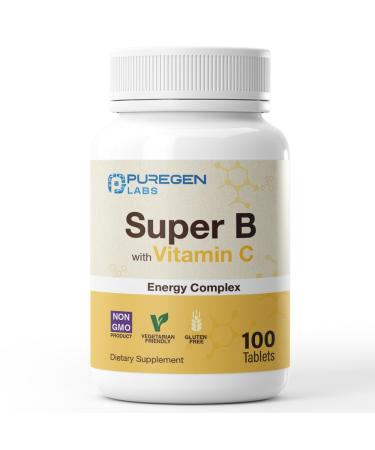 Puregen Labs Super B Energy Complex with Vitamin C - Immune Health Energy & Nervous System Support - Non-GMO Gluten-Free 100 Vegetarian Tablets