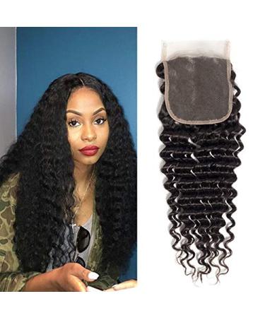 Brazilian Virgin Human Hair Deep Wave Lace Closure 4x4 Free Part 100% Unprocessed Deep Curly Human Hair Lace Closure Natural Black Color (18Inch 4x4 Closure)