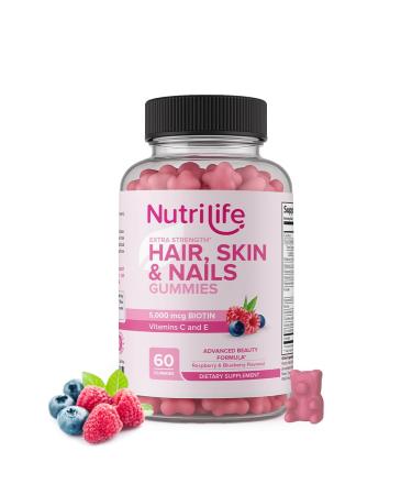 NutriLife Advanced Hair Skin & Nails Gummies Biotin with Vitamin C & E Vegan Beauty Support Promotes Hair Growth Strong Nails & Radiant Skin Non-GMO Gluten-Free Made in USA