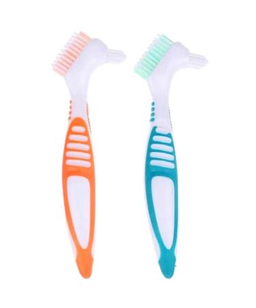 Autuuckee 2 Portable toothbrushes double -bristled head toothbrush prosthesis cleaning set with multi -layered bristles for dental care for cleaning false teeth green orange