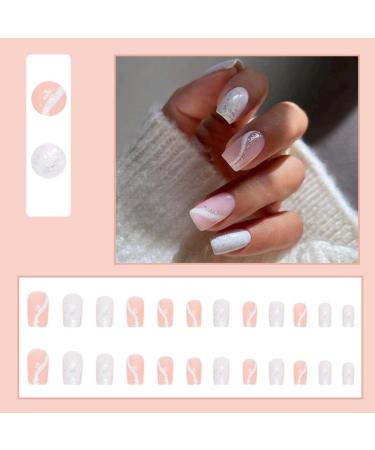 Justotry 24 Pcs Pink Glitter Milky French Square False Nails | Glossy Swirl Press On Nails Medium | Nail Glue & Squoval Stick Included - Women & Teens Nail Art - Buy Online on GoSupps.com