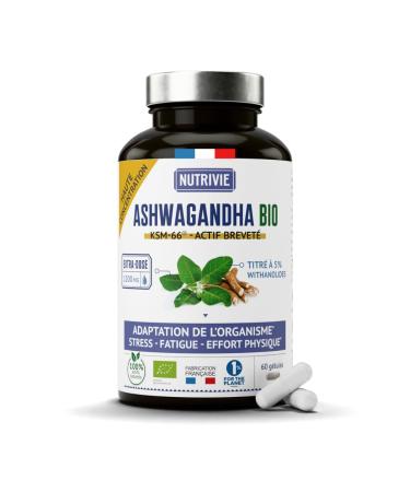 Ashwagandha Bio KSM-66 - 1200 mg - 5% de Withanolides - G lules V g tales - Stress - Energie - Sommeil - 60 G lules - Fabriqu en France - Nutrivie