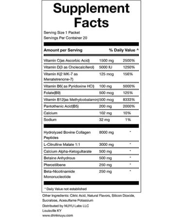 NUYU Labs Daily NMN Longevity Drink All-in-One Anti-Aging Supplement with Pterostilbene TMG Calcium AKG Collagen Peptides B Complex Vitamins B C D3 K2-MK7 (Lemon-Lime) - Buy Online on GoSupps.com