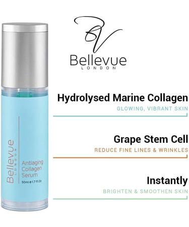 Bellevue London Anti Aging Marine Collagen | Face Skin Care serum | Moisturiser for women & men with Collagen Hyaluronic Acid Grapeseed extract | Anti Wrinkle serum | helps reduce fine lines 30ml  - Buy Online on GoSupps.com