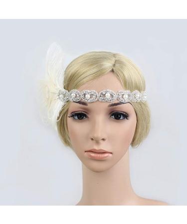 FRCOLOR Flapper Headband 1920s Gatsby Headdress Feathers Crystal Beaded Wedding Headpiece Elastic Headwear White - Buy Online on GoSupps.com